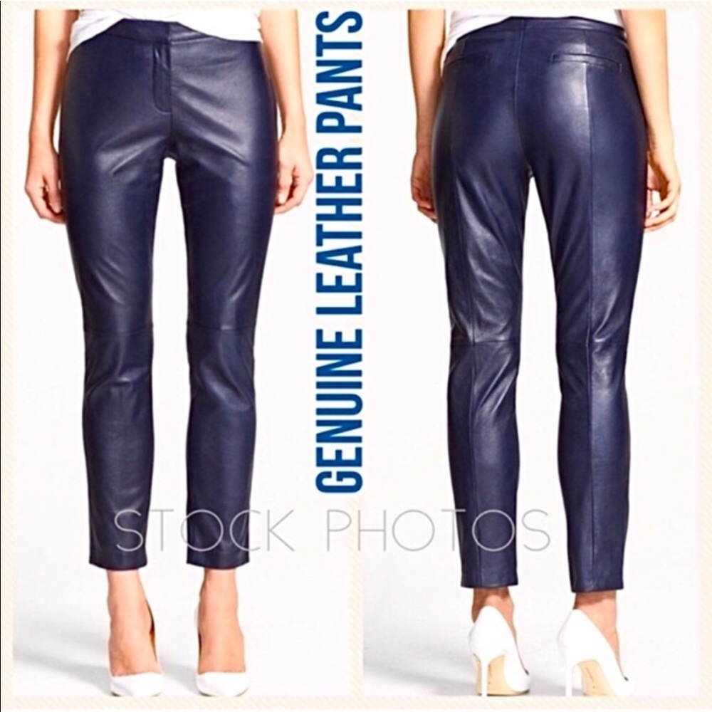 Halogen Nordstrom Navy Lambskin Leather Leggy Ankle Pant Size 6